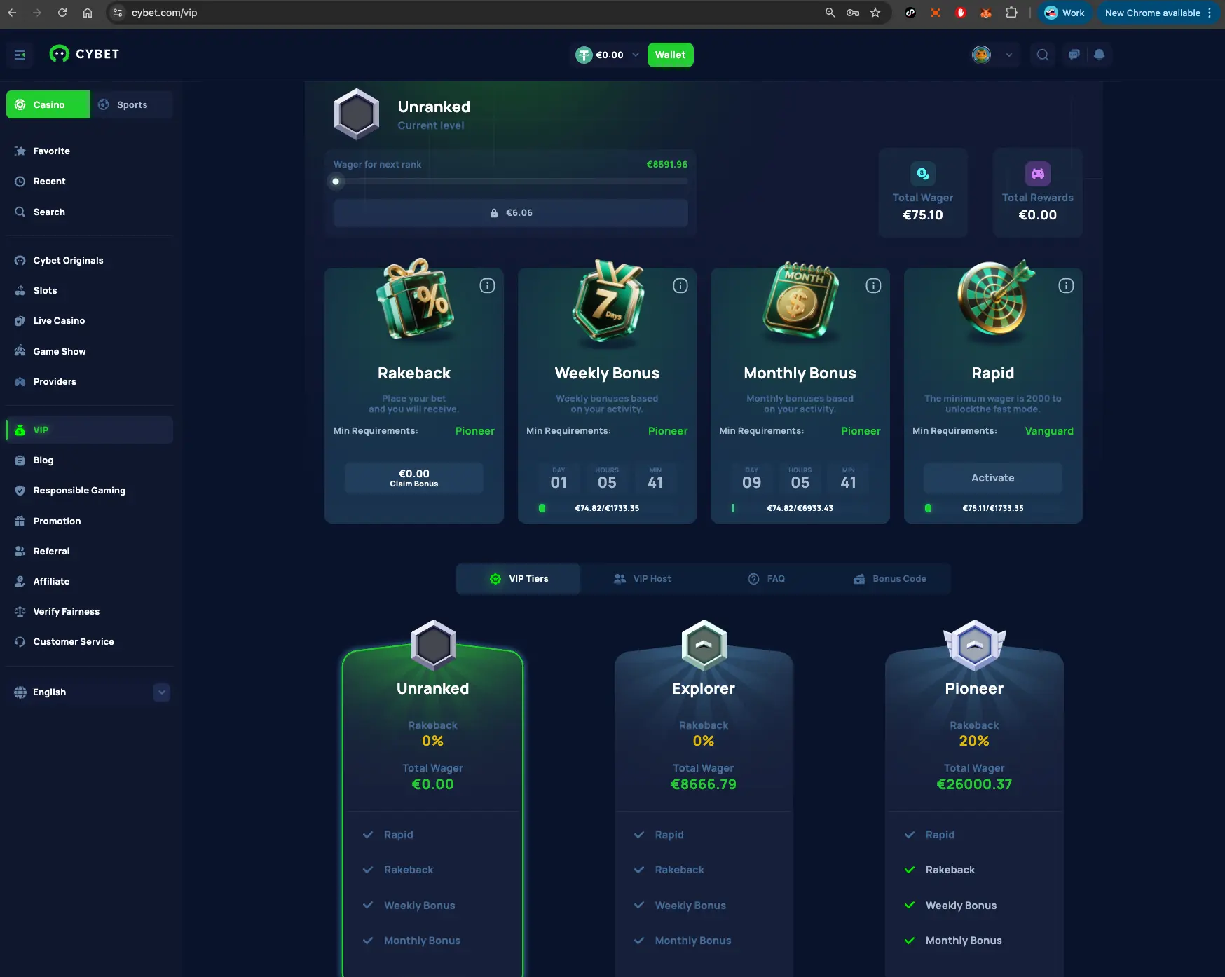Cybet casino VIP levels screen