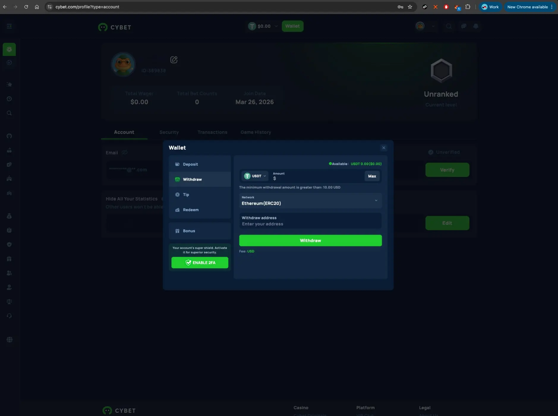 Cybet casino withdraw screen
