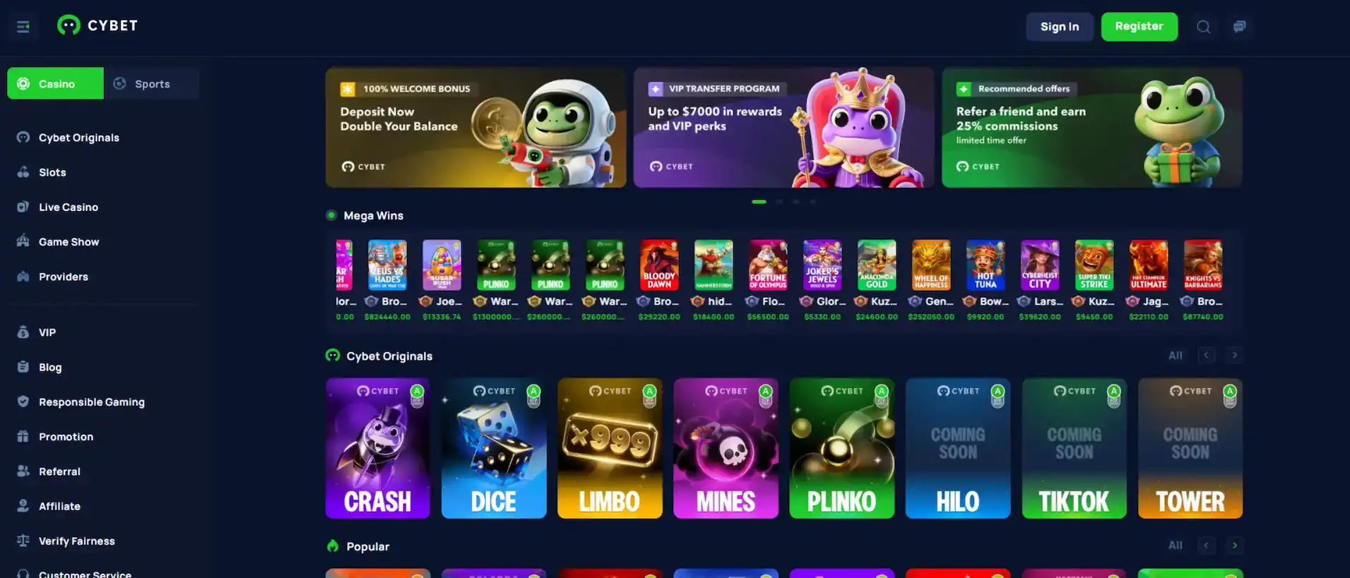 Screenshot of Cybet Casino’s homepage