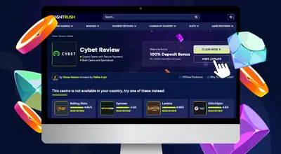 The laptop shows the Nightrush website’s Cybet Casino Review page.