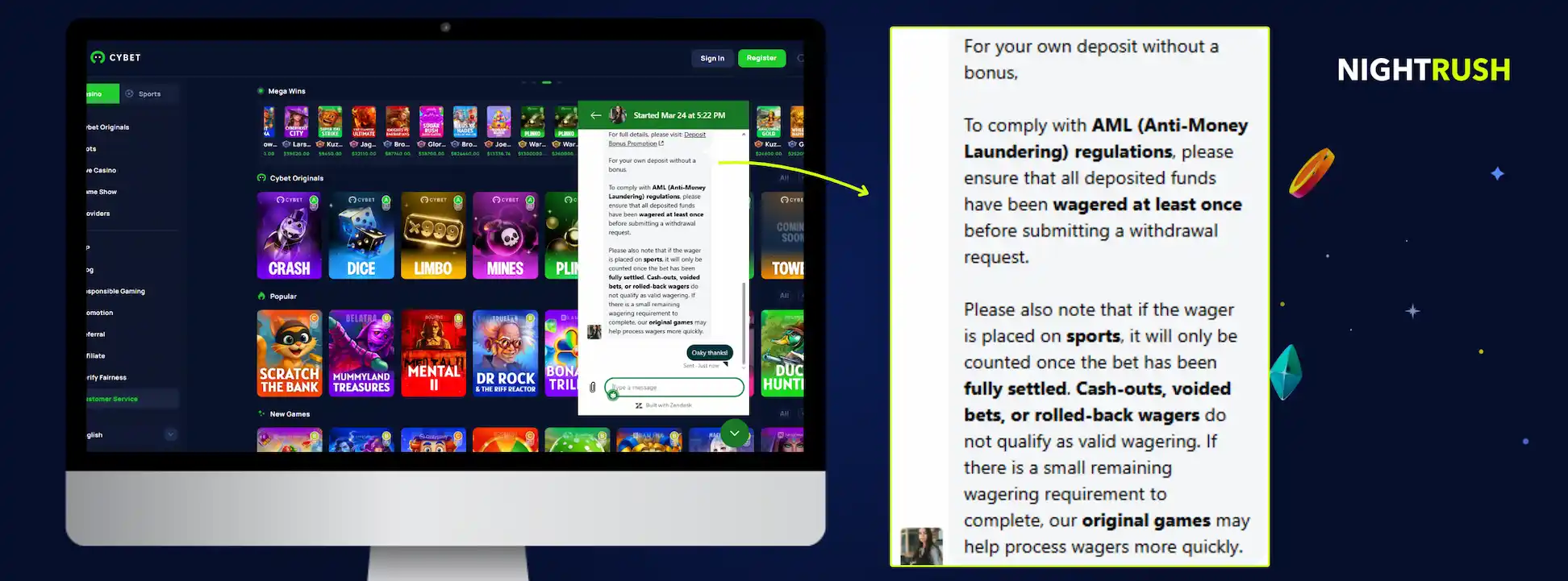 The Cybet website on a monitor with a support chat window explaining AML wagering regulations.