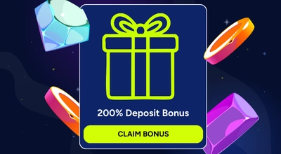 Promotional graphic for a 200% Deposit Bonus with a gift icon and a CLAIM BONUS button.