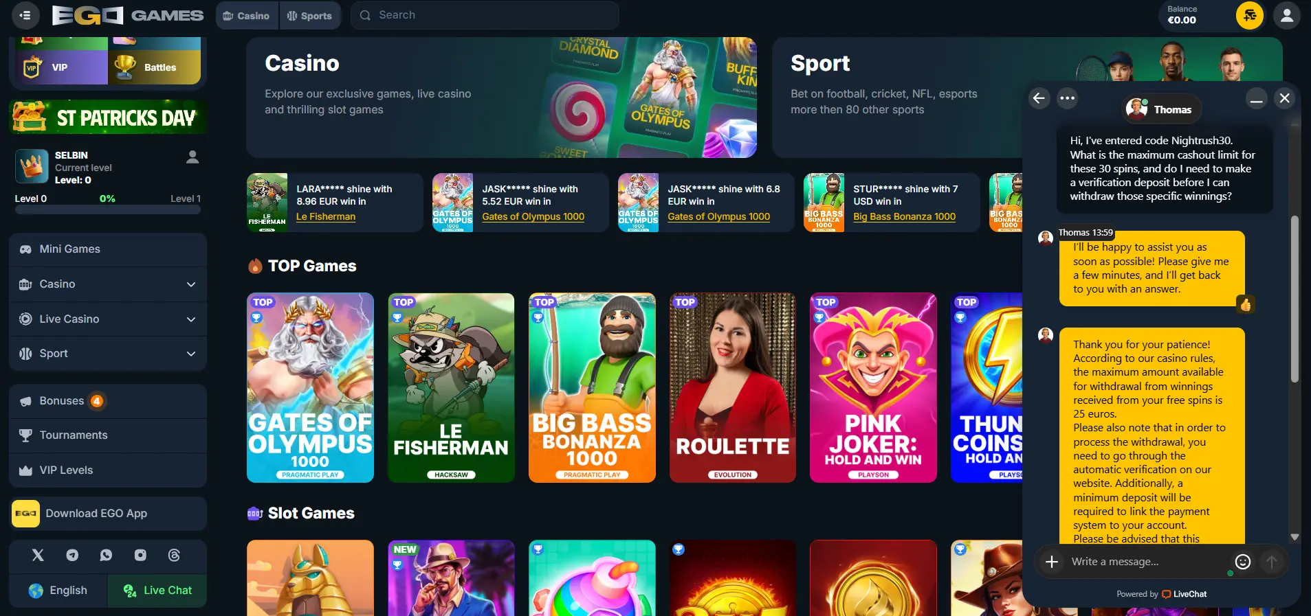 Live chat conversation on EgoGames Casino against a grey background.