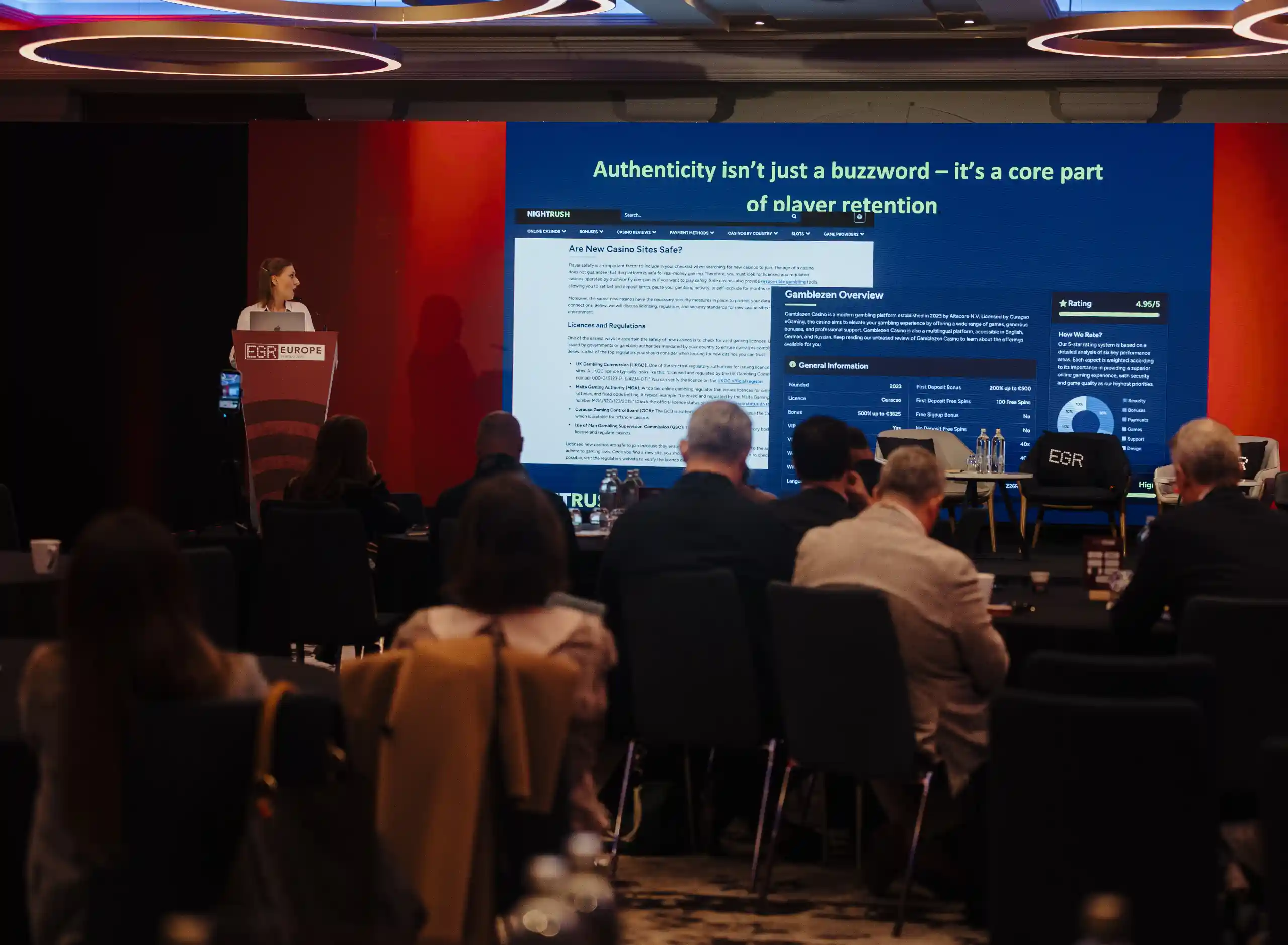 Nightrush Brand Manager Olesea speaking at EGR Europe Awards 2026.