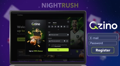 Qzino Casino's registration on a laptop with a register button against a purple background.