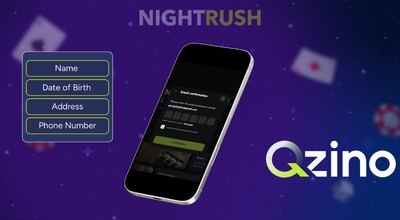 Qzino Casino sending a code on a phone with a register button against a purple background.