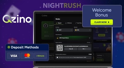 Qzino Casino's deposit on a laptop with deposit and bonus buttons against a purple background.