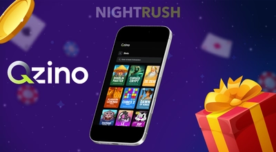 Qzino Casino's games on a phone with a coin and a gift box against a purple background.