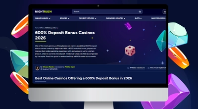 Laptop shows Nightrush website 600 deposit bonus page.