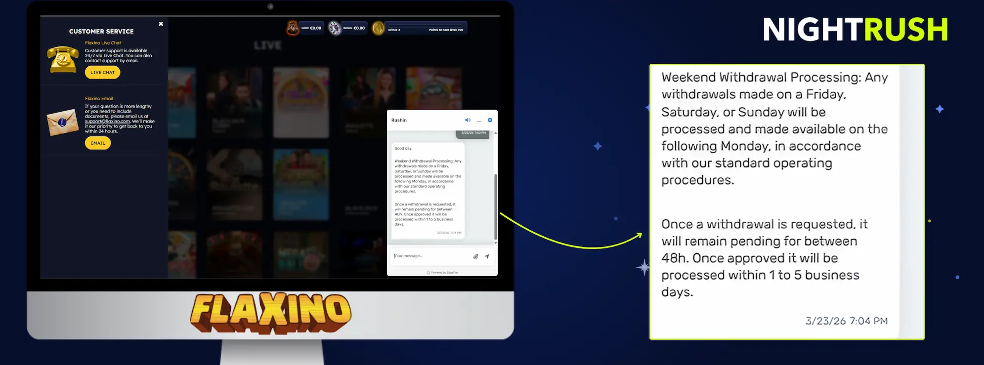 Flaxino Casino live chat conversation