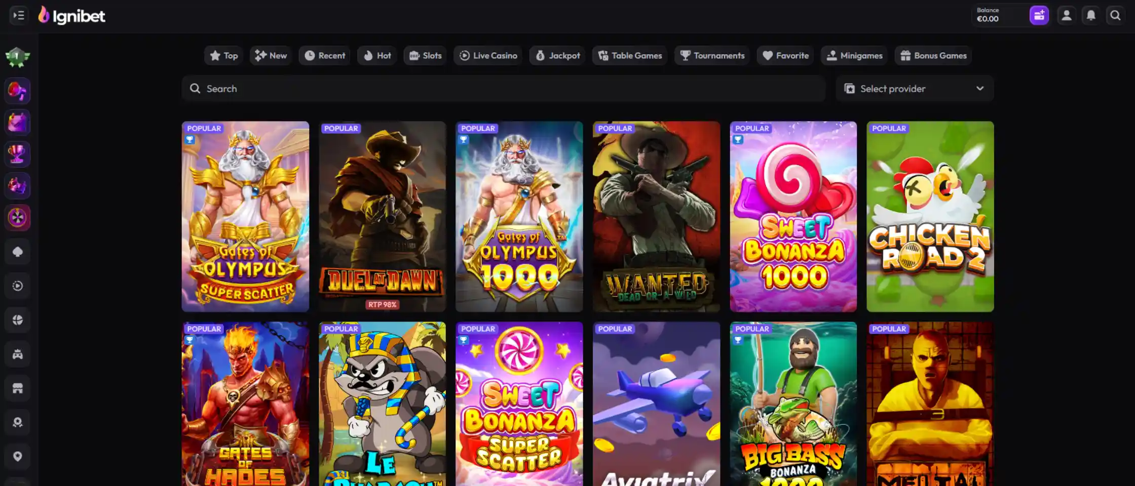 Screenshot of IgniBet Casino’s game lobby