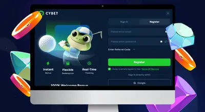The laptop shows Cybet Casino registration form.