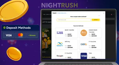 Laptop showing PalmSlots deposit methods like Visa and MiFinity, with floating gold coins.