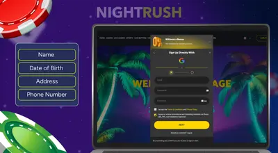 Laptop showing a casino sign-up page with a registration form and floating casino chips.