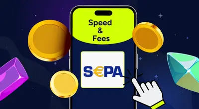 Speed and Fees on a phone with an SEPA logo and casino items against a starry background.