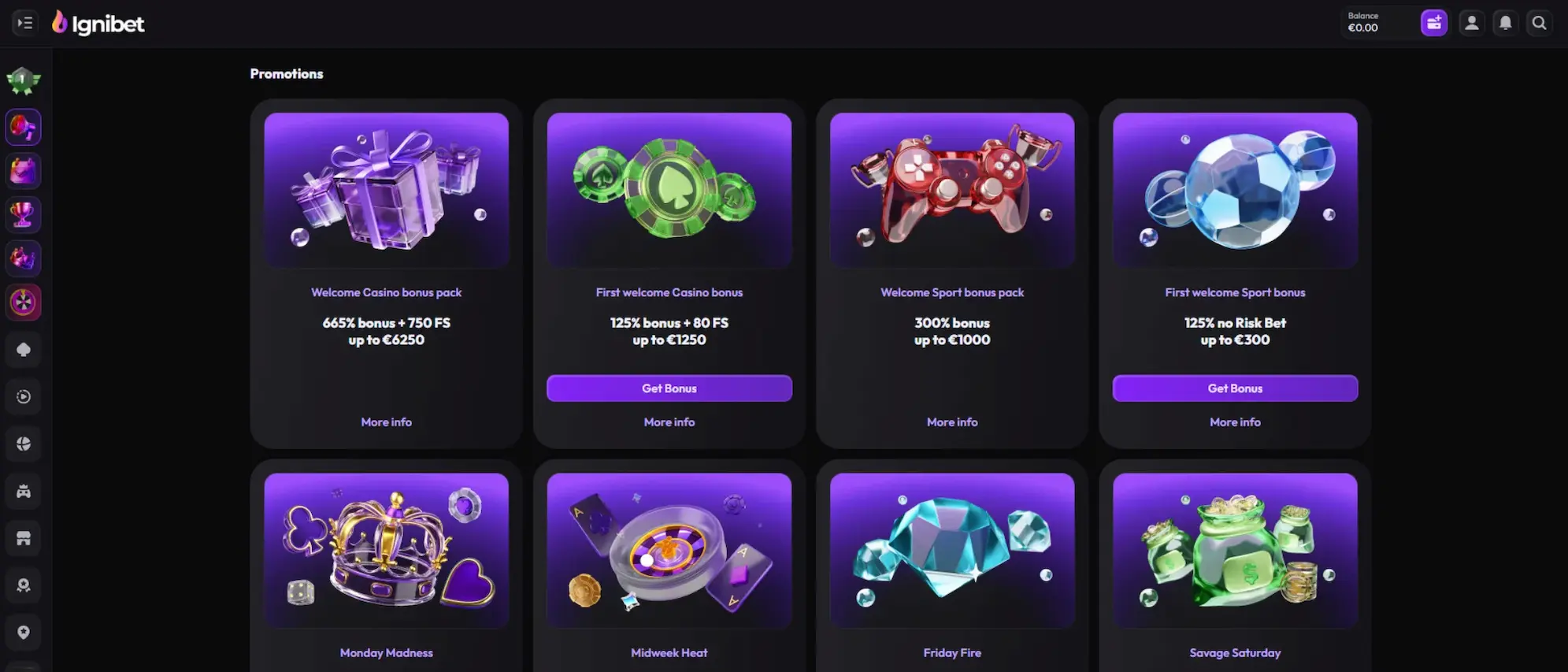 Screenshot of IgniBet Casino’s promotions page
