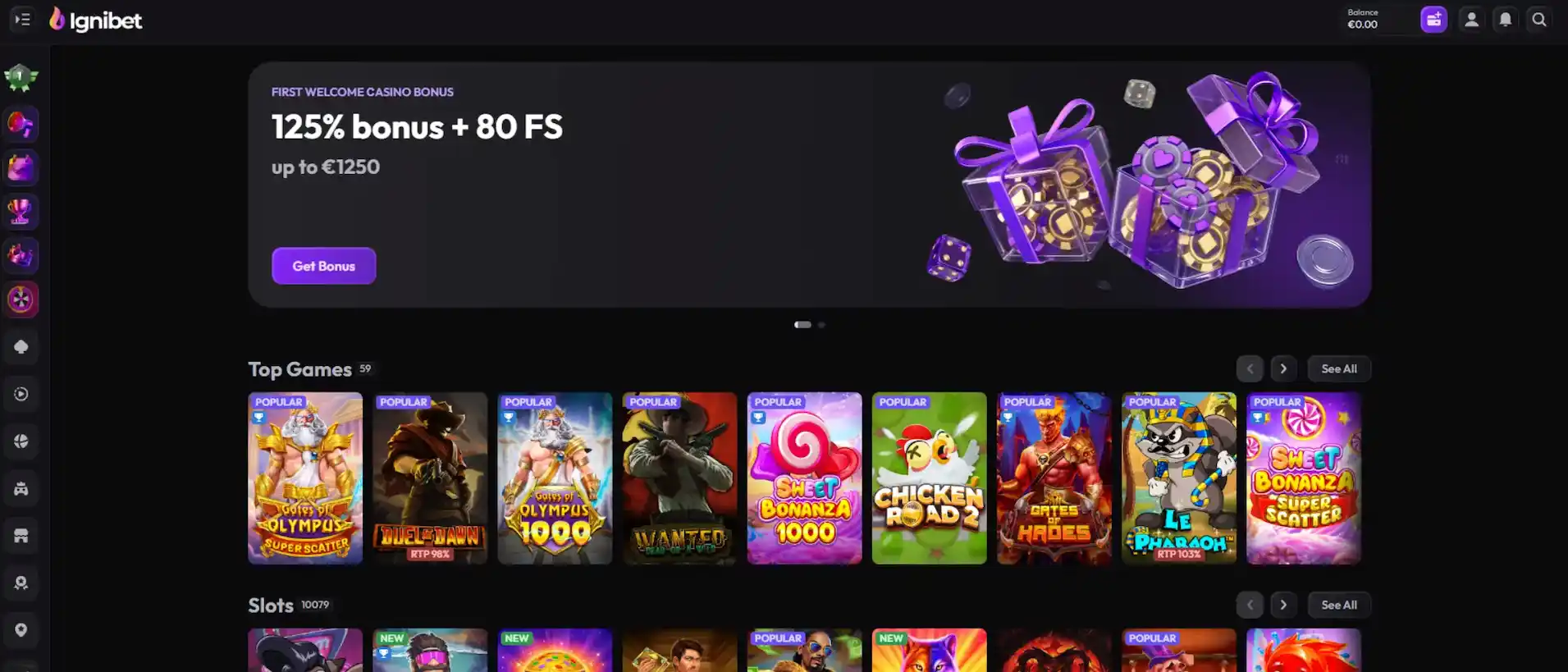 Screenshot of IgniBet Casino’s homepage