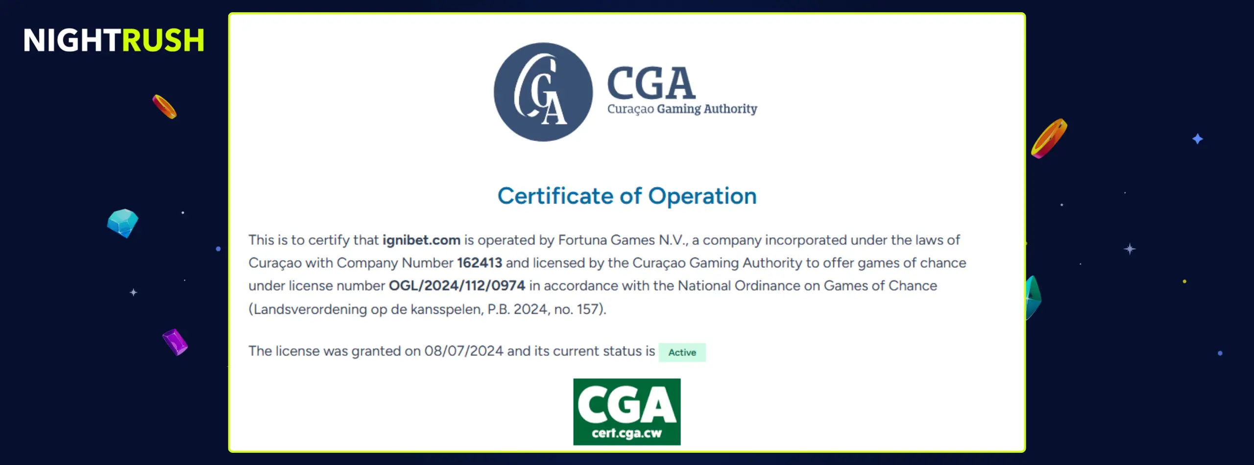 Gaming licence details for IgniBet showing a valid status.