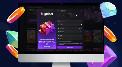 Laptop shows IgniBet registration form.