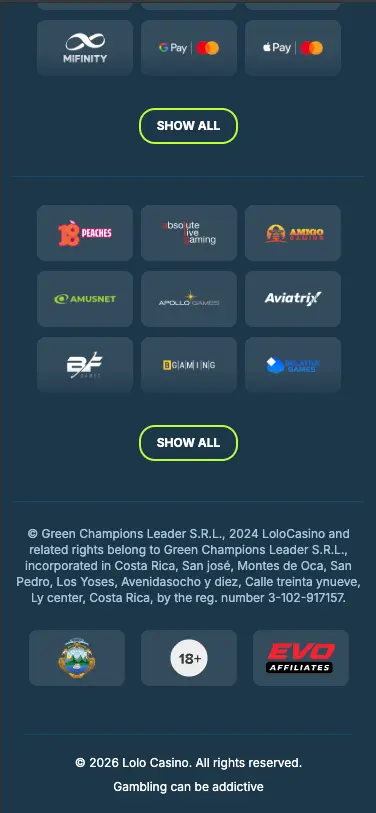 Lolo Casino Mobile footer