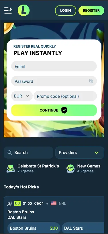Lolo Casino Mobile homepage