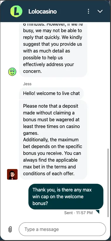Lolo Casino Mobile Welcome Bonus Chat