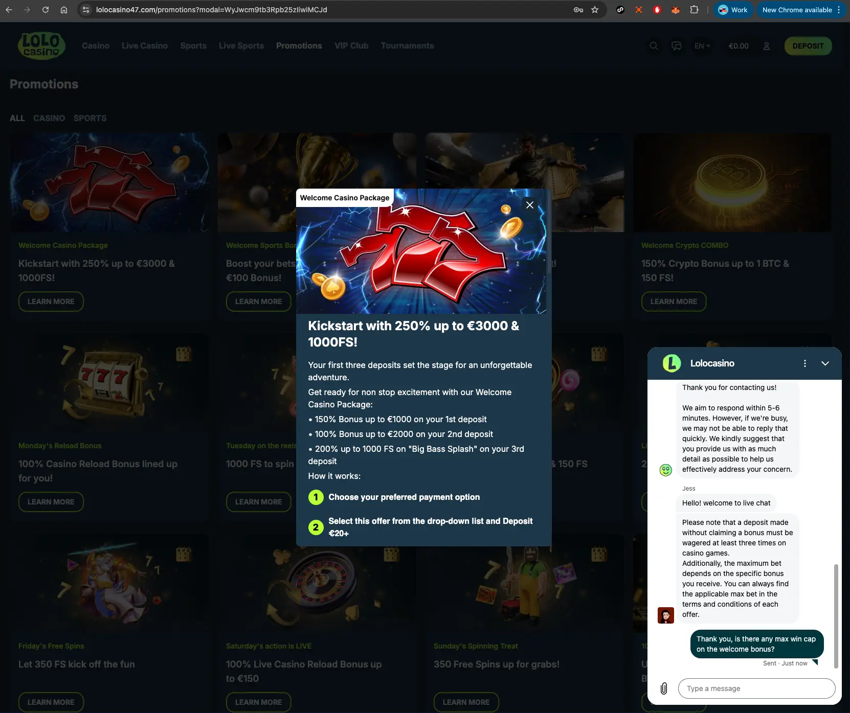 Lolo Casino Welcome Bonus Chat