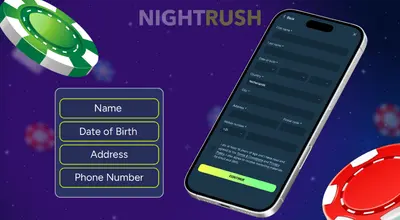 A mobile phone shows a registration form on a purple casino background with floating chips.