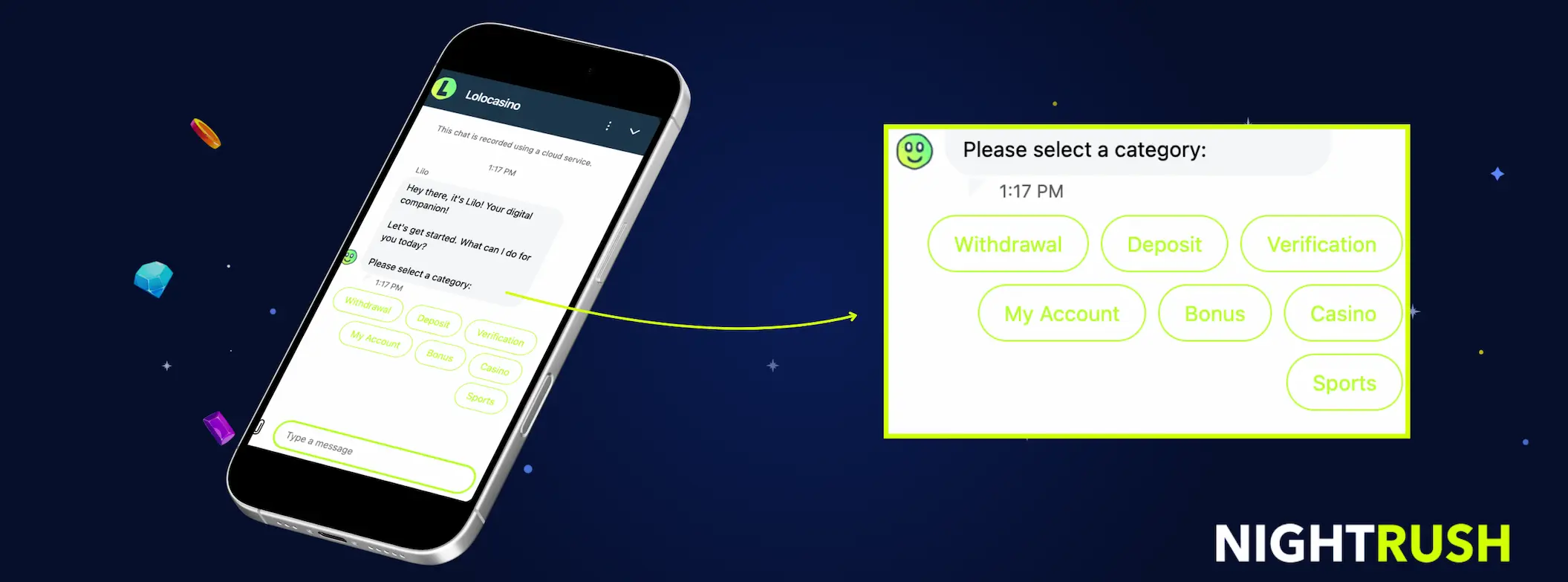 A mobile phone displays a casino live chat with an enlarged view of various support category buttons.