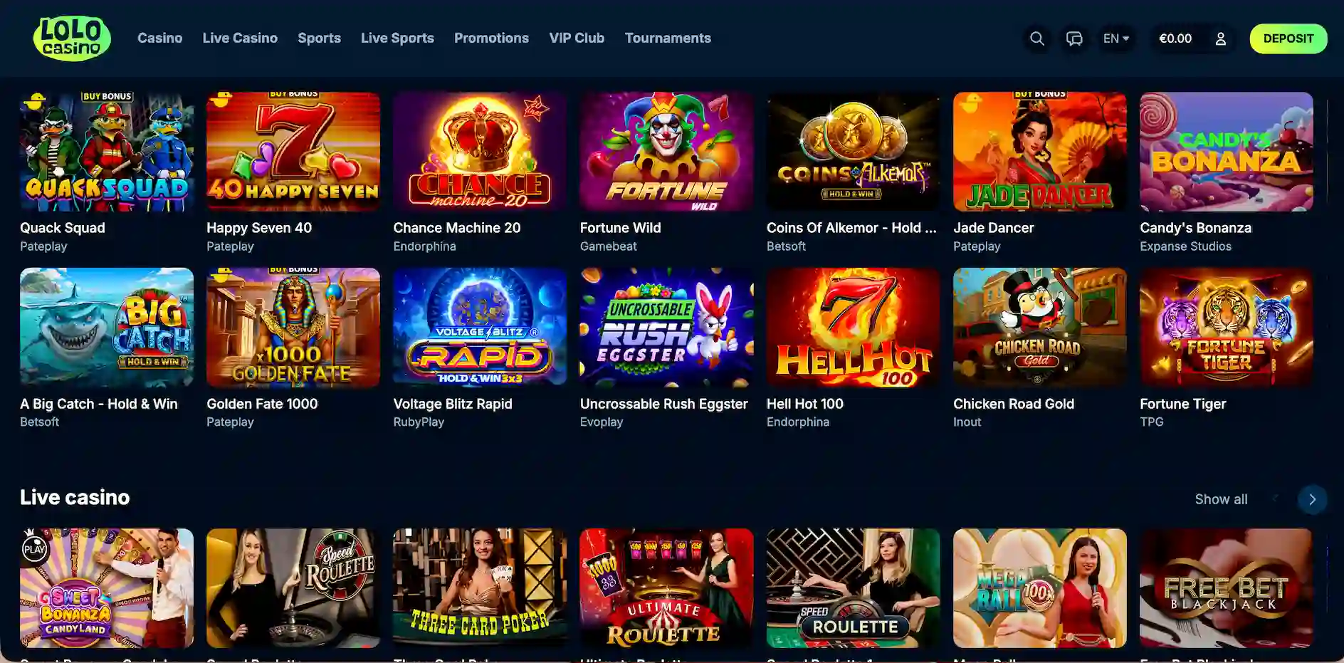 Lolo Casino homepage.