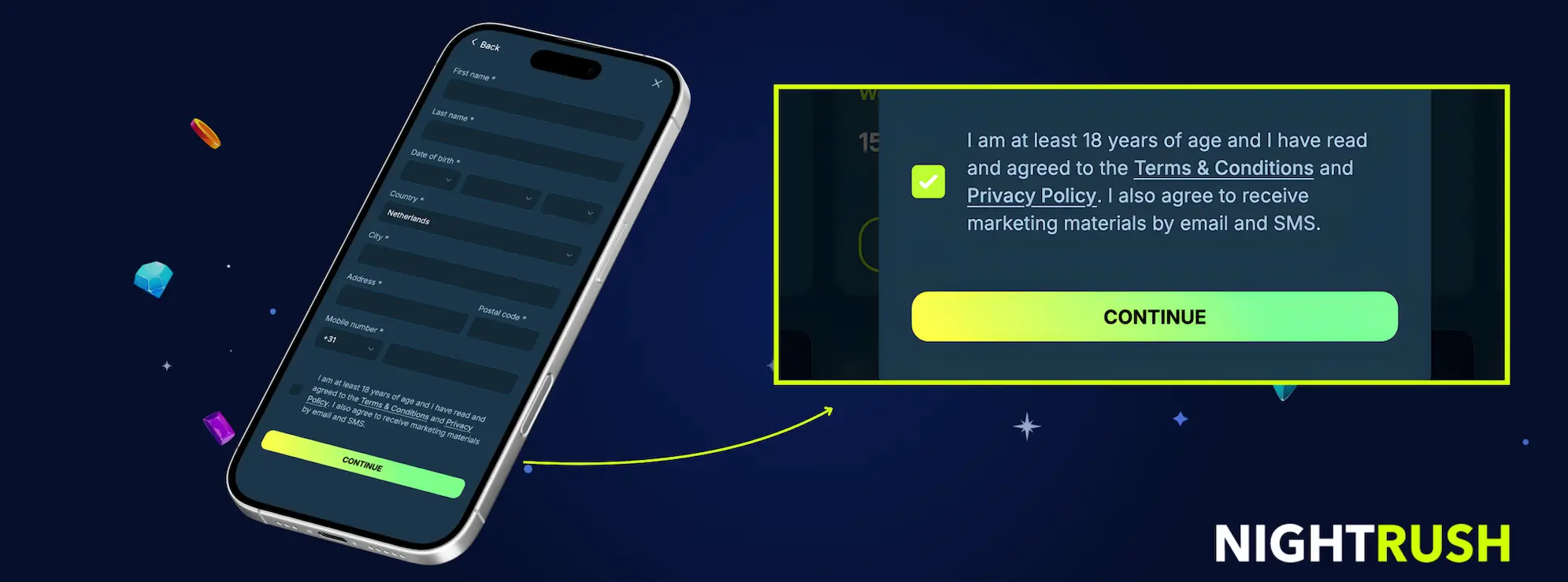 A mobile phone displays a registration form next to an enlarged view of a marketing consent checkbox.