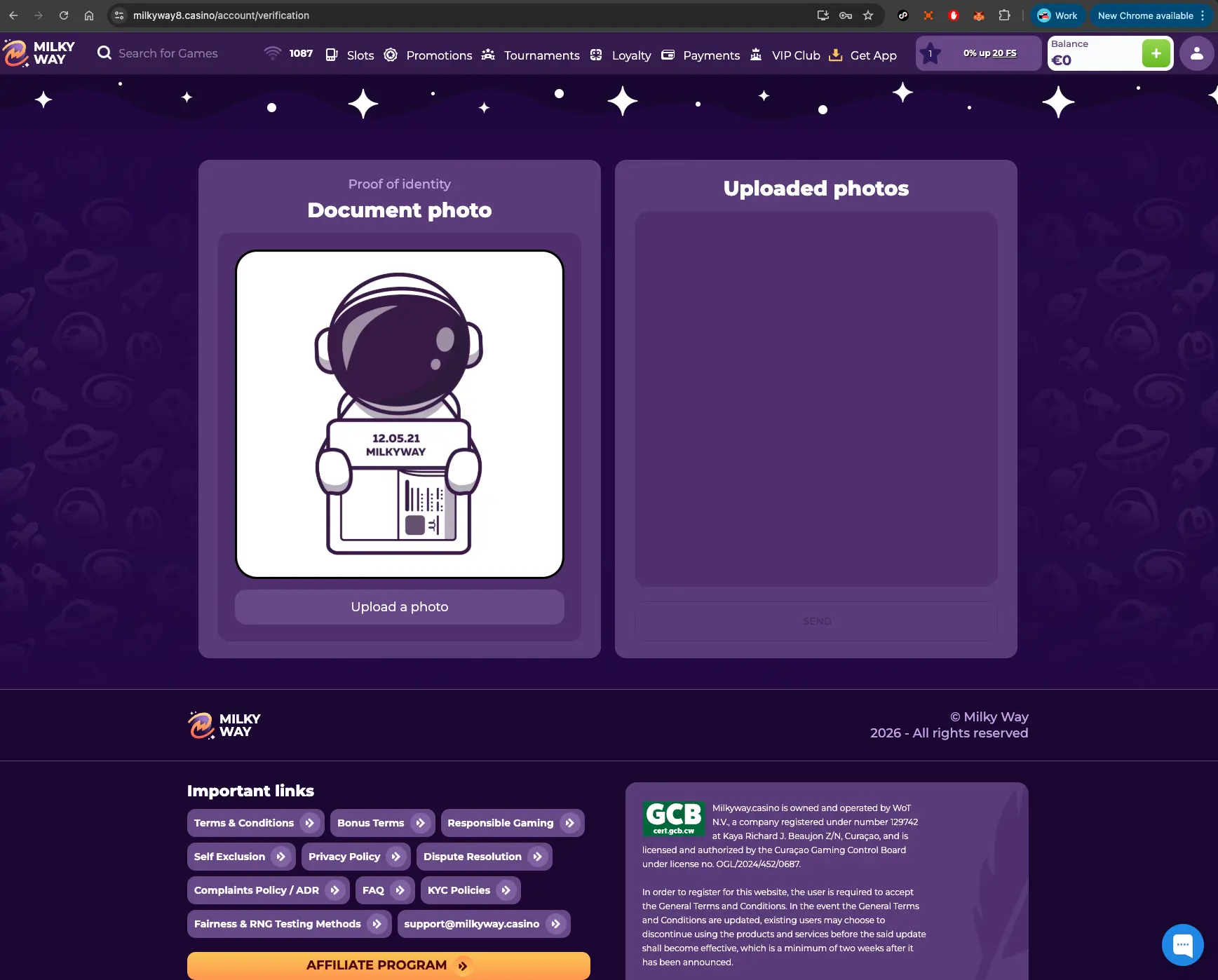 MilkyWay casino Proof of identity screen
