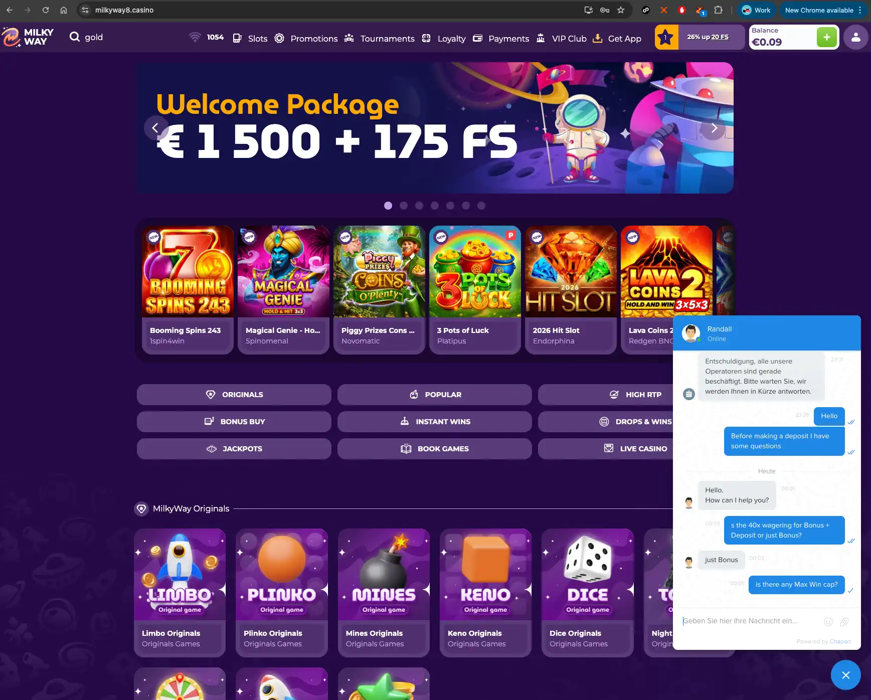 MilkyWay casino live chat about bonus