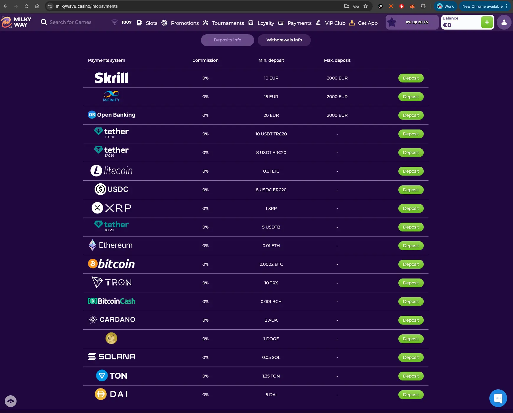 MilkyWay casino deposit methods