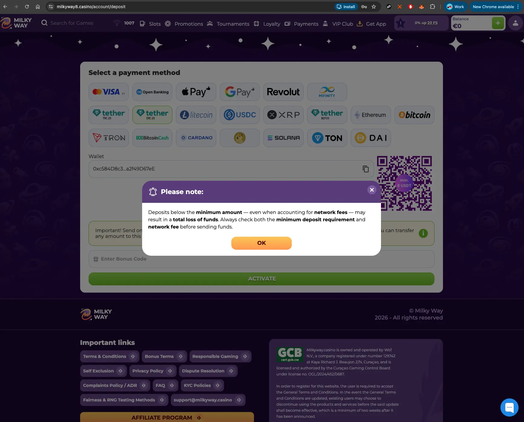 MilkyWay casino deposit methods with notification