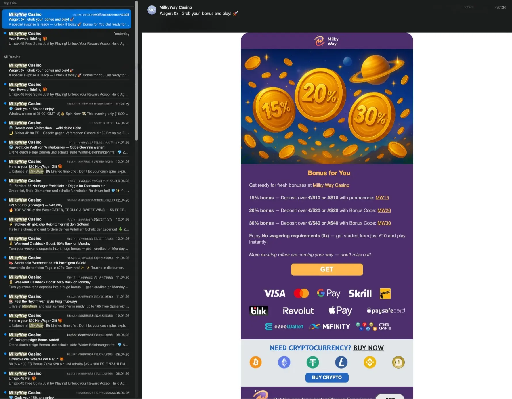 MilkyWay casino bonus mail screen