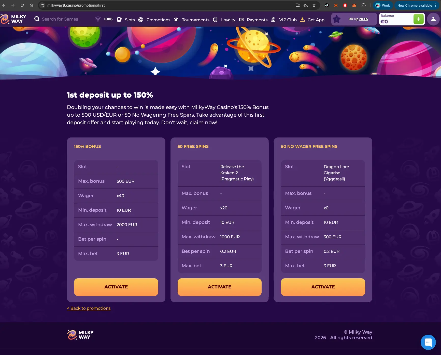 MilkyWay casino first deposit bonus screen