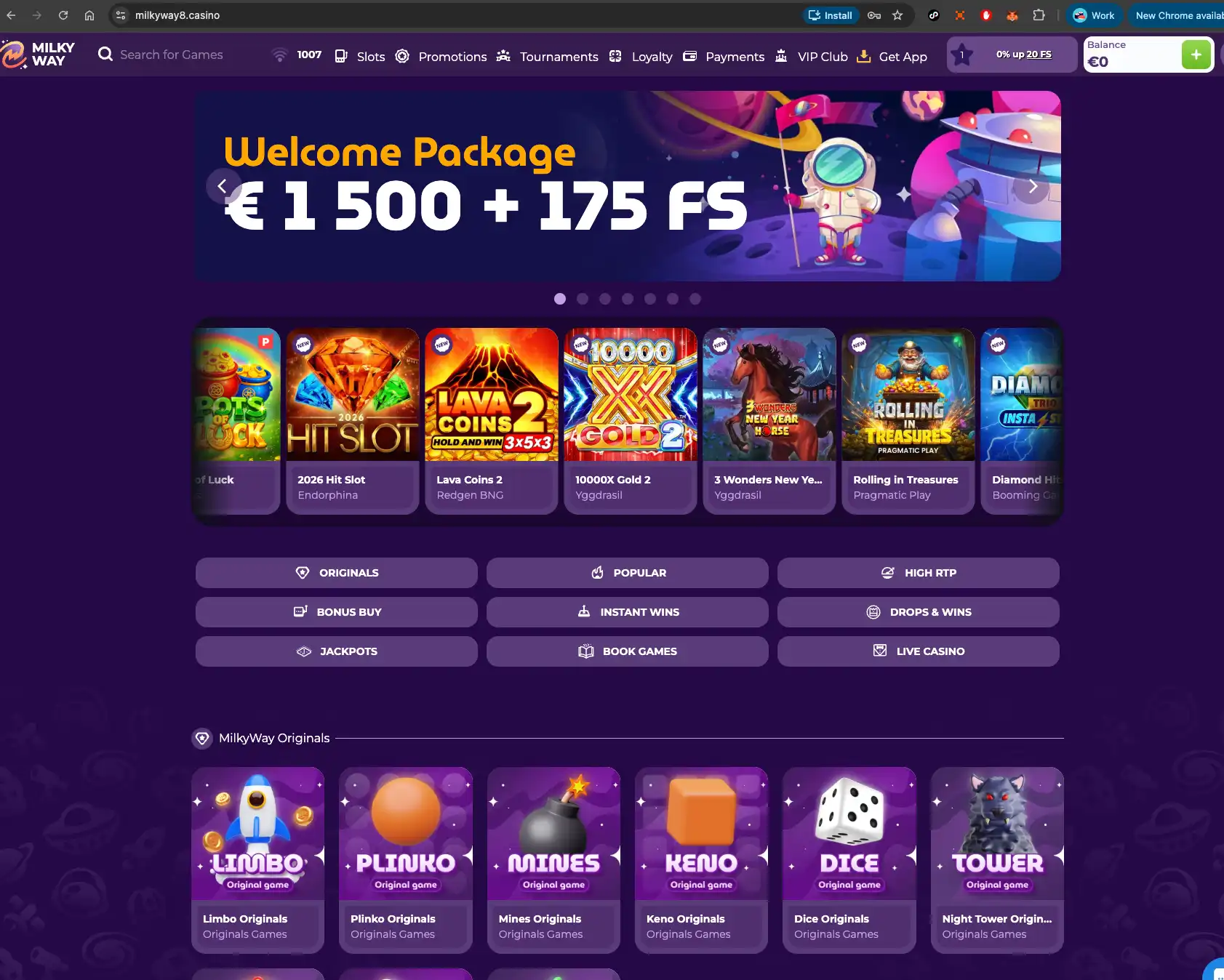MilkyWay casino homepage screen