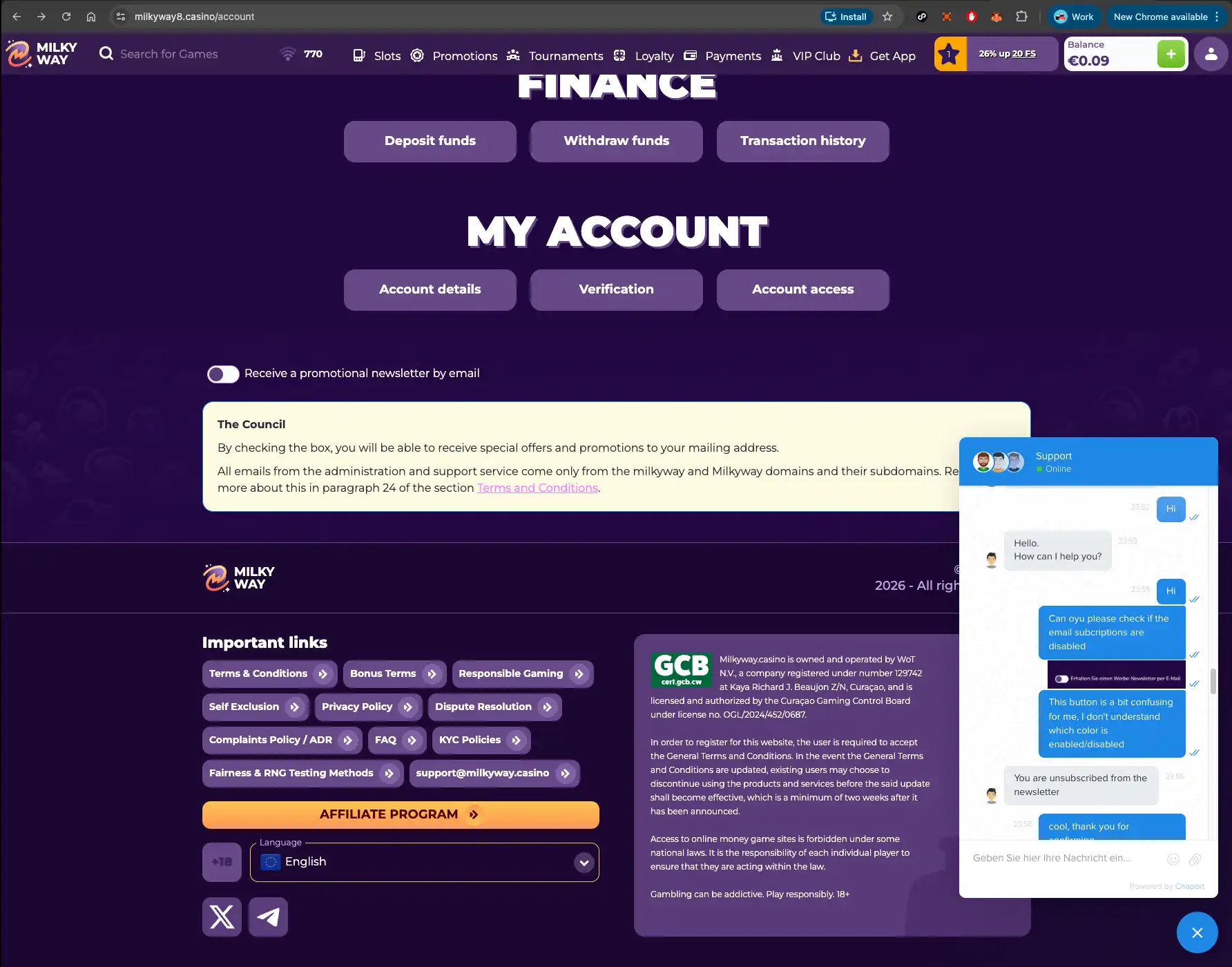MilkyWay casino live chat about marketing preferences