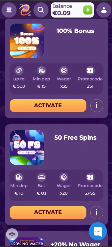 MilkyWay casino promotions screen