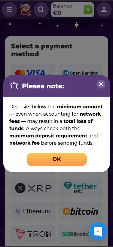 MilkyWay casino deposit note screen