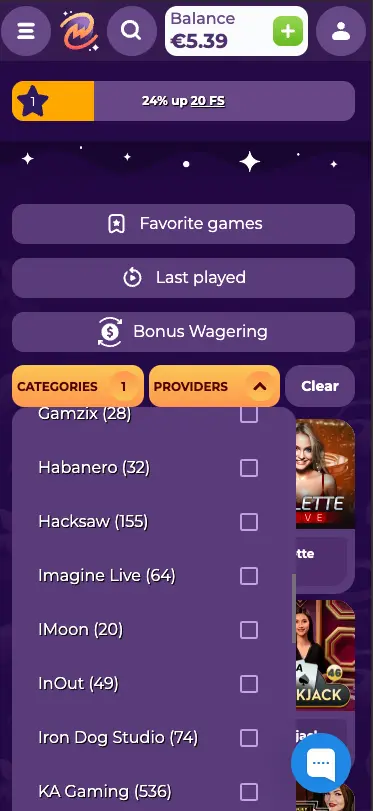 MilkyWay casino providers screen