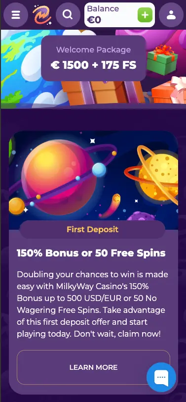 MilkyWay casino welcome bonus screen
