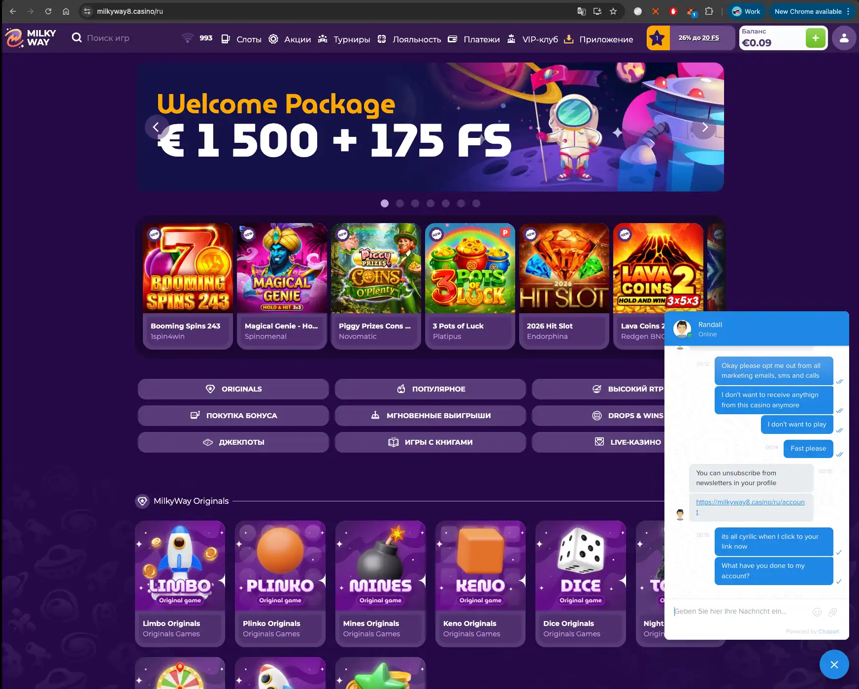 MilkyWay casino live chat about marketing preferences