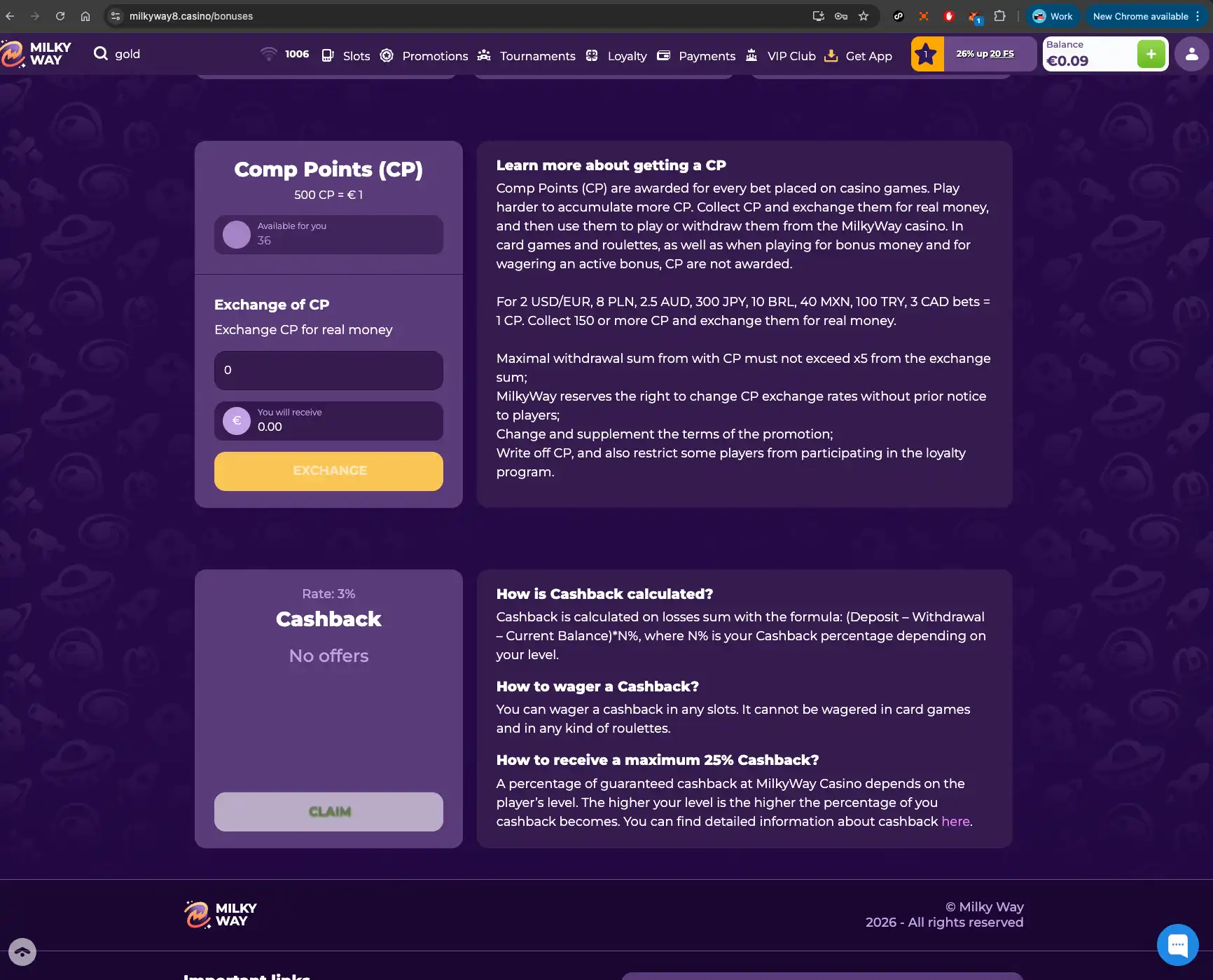 MilkyWay casino points screen