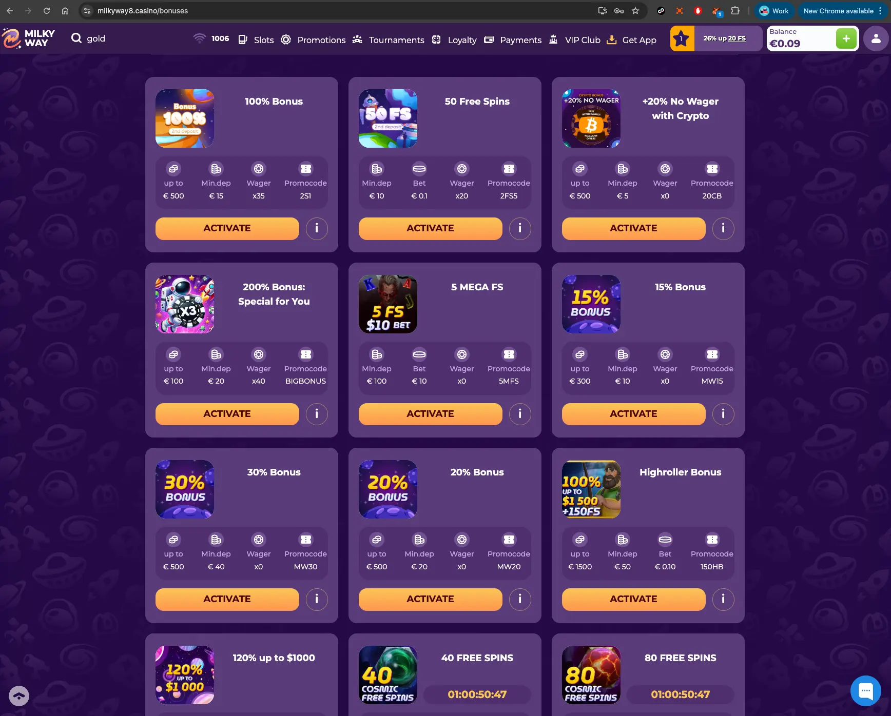 MilkyWay casino promotions screen