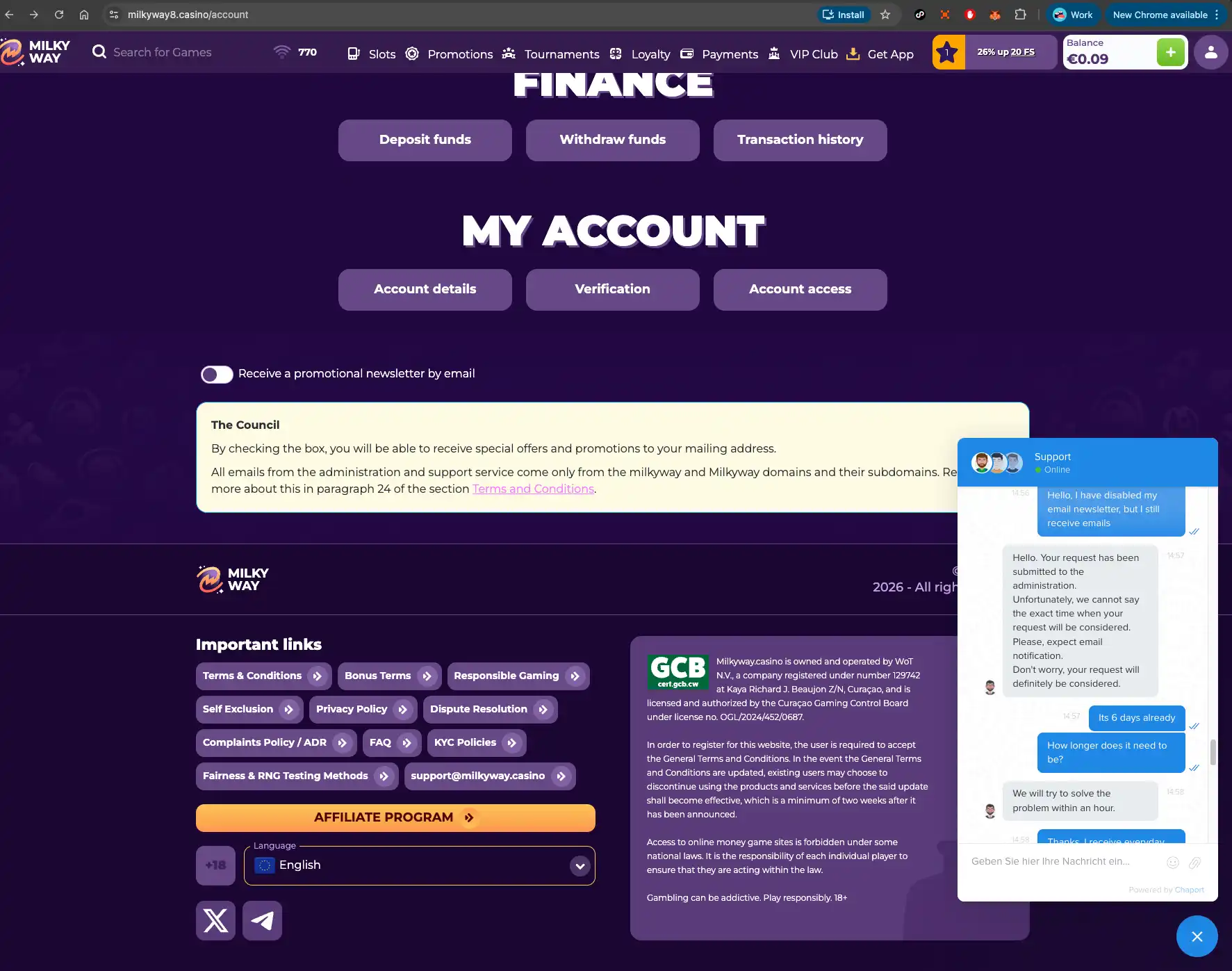 MilkyWay casino live chat about marketing preferences