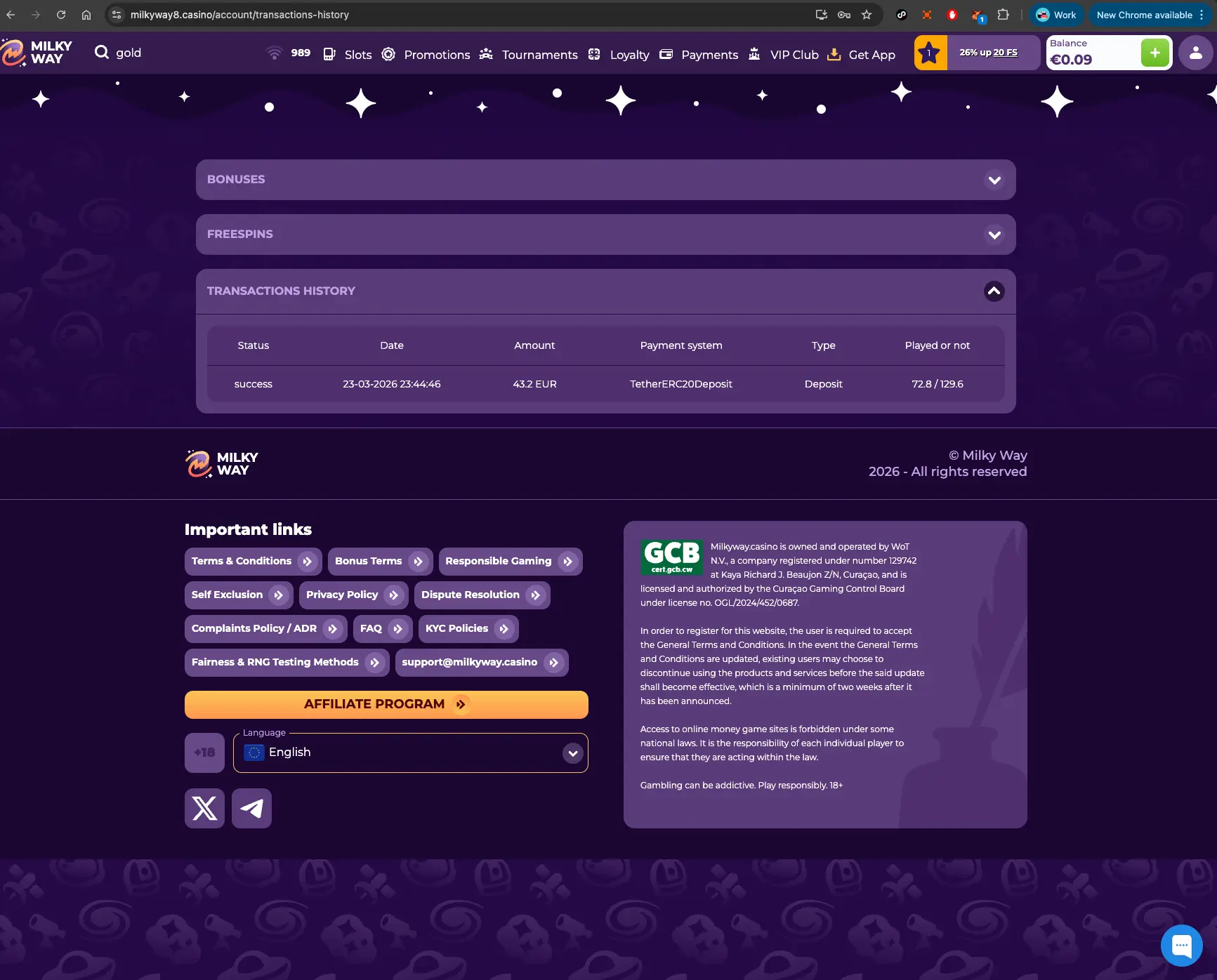 MilkyWay casino transactions history screen