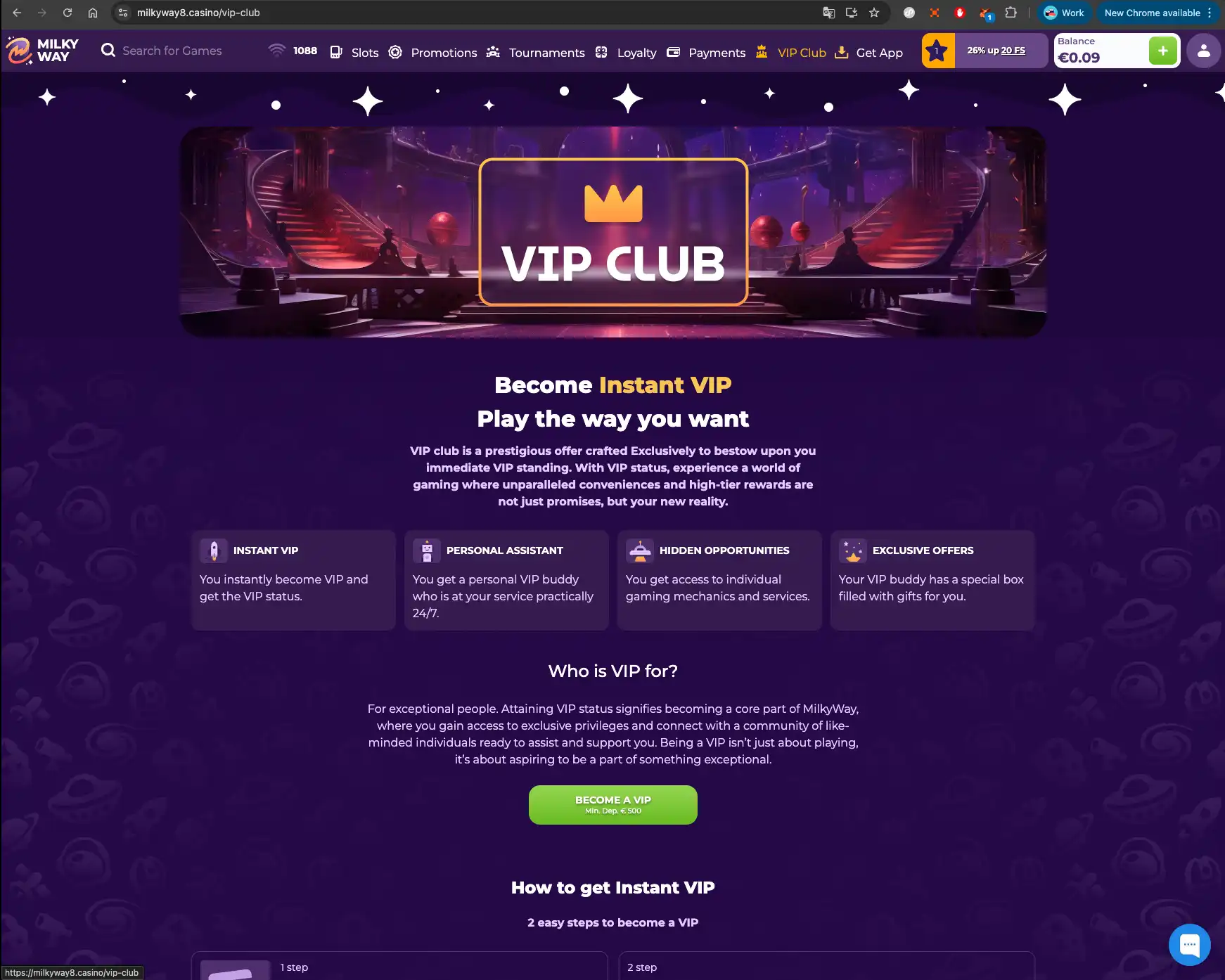 MilkyWay casino VIP club screen