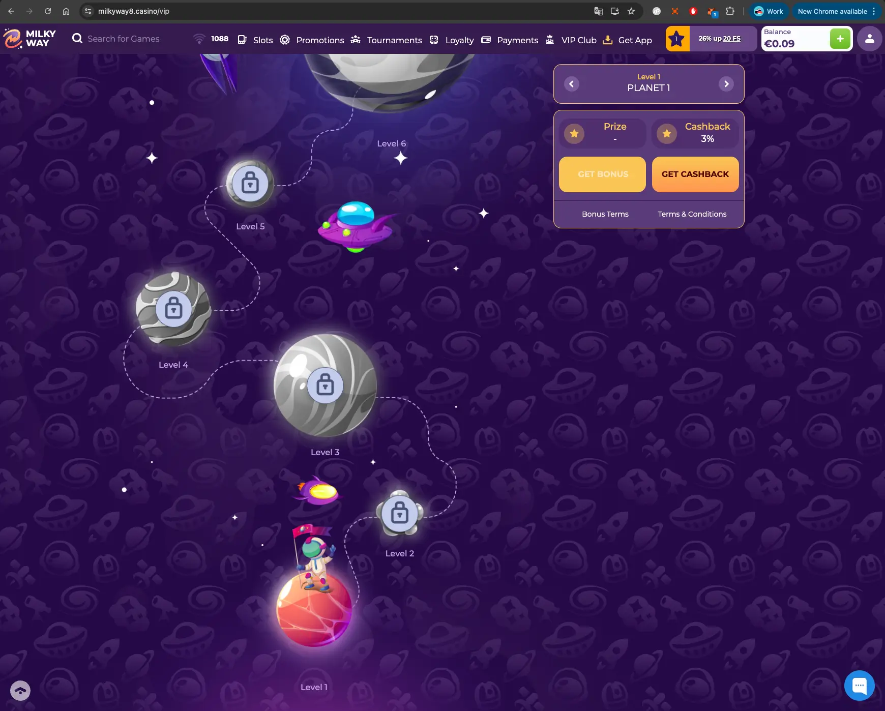 MilkyWay casino VIP levels screen